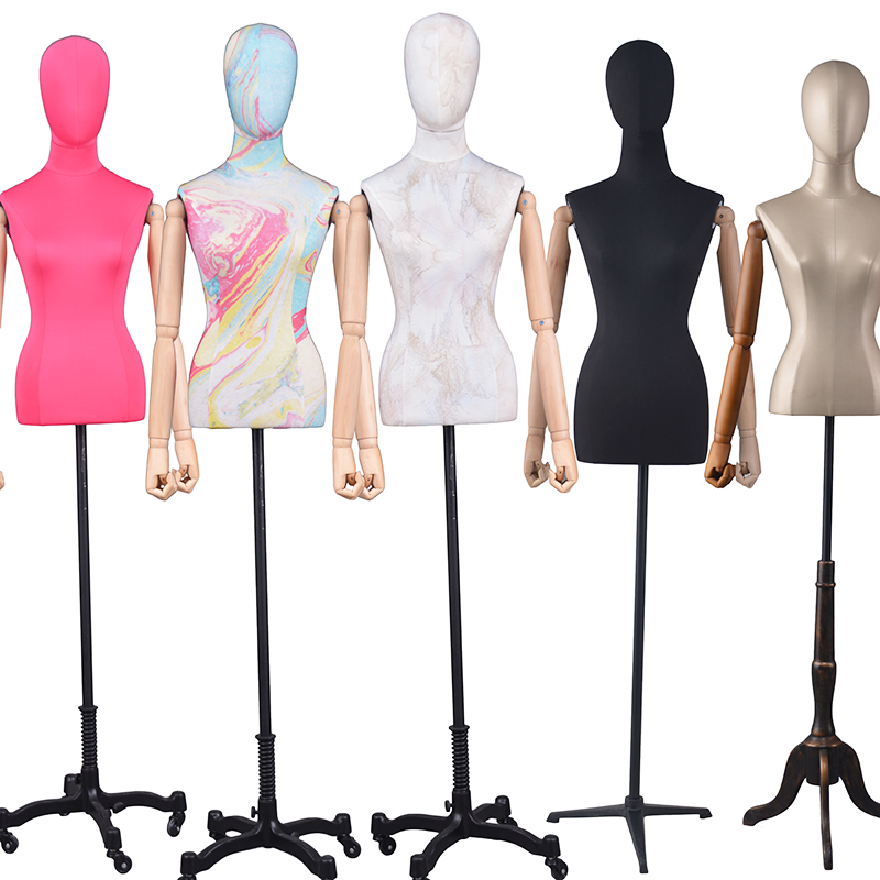 Half body adjustable female mannequin dress form display with wooden arms (PFM)