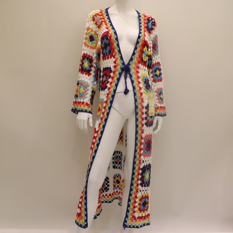 knitted Summer Colorful Stretch Beach Coat Hollow Party Knit Handmade Crochet Long Cardigan Women's Sweater