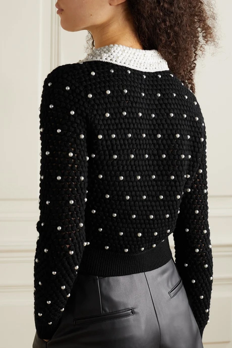 2022 New Fashion Long Sleeve Cropped Faux Pearl-Embellished Crocheted Wool Cardigan Sweaters For Women