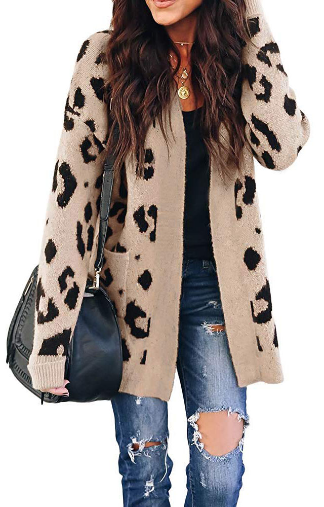 Women Long Sleeve Open Front Leopard Jacquard Knitted Coat Casual Maxi Sweater Coat Outwear