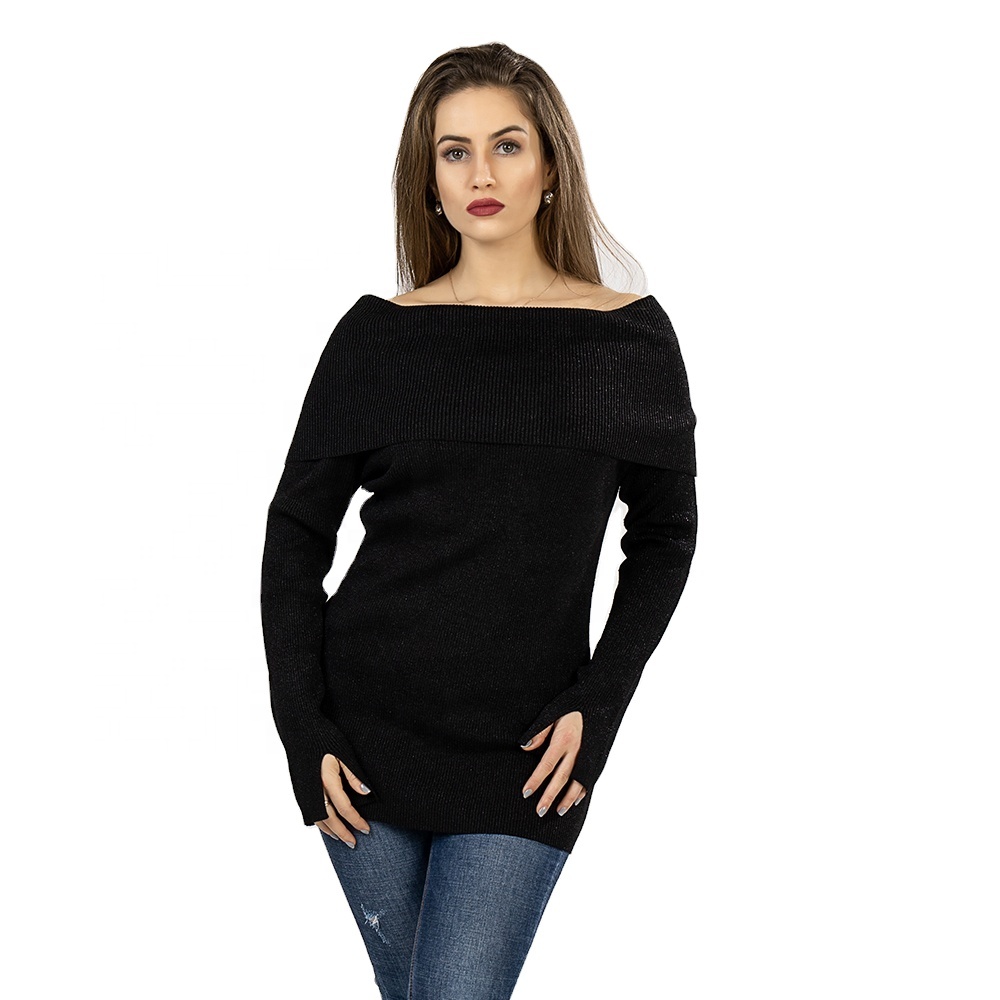 Fashion Design Knitted Pullover Off The Shoulder Black With Lurex Sweater For Women Sweater