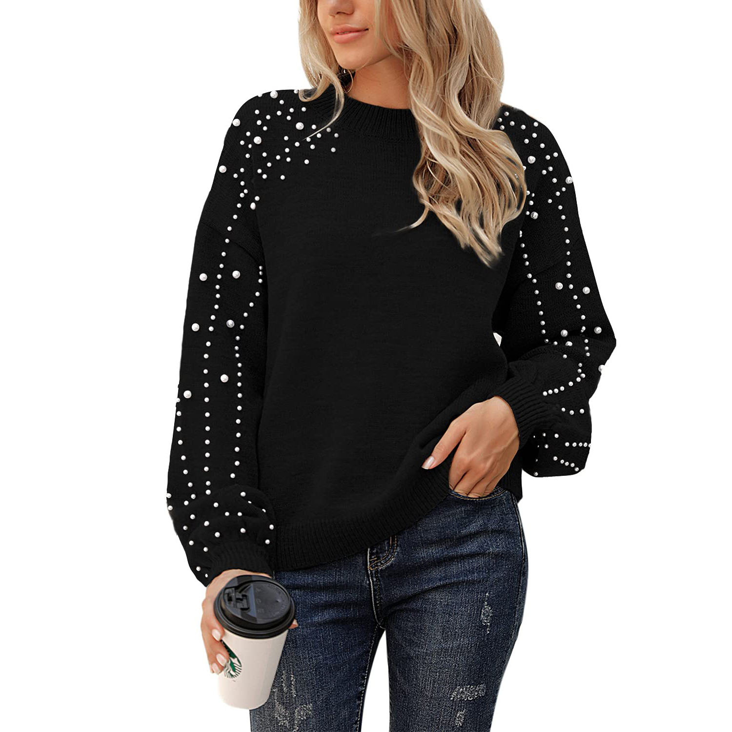 Women's Chunky Sweater Crewneck Sweatshirt Knit Lantern Sleeve Oversized Pullover With Pearl Custom For Women's Knitwear