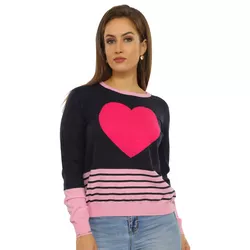 2021 New Stylish Winter Love Heart Intarsia with Stripe Casual Women's Crew Neck Long Sleeve Knitwear