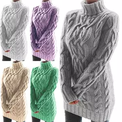 New Style Europe and America Autumn Turtleneck Long Sleeve Slim Solid Color Twist Chunky Pullover Knitted Women Sweater