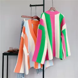 2022 Comfort Colorful Color Stripe Plus Size Women'S Sweaters Oversized Cardigan Coat Loose Knitted Cardigan Sweater For Ladies