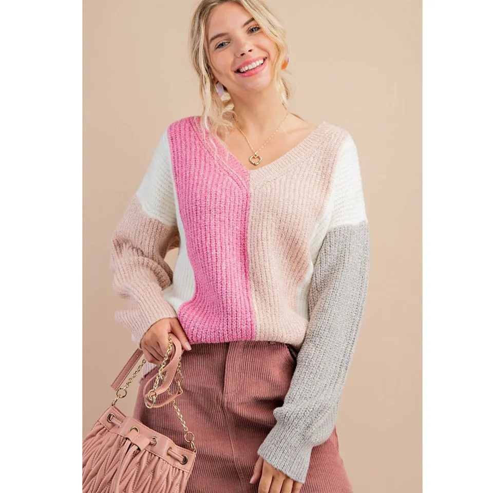 knitted New Fashion Autumn Design Sweet Loose Rainbow Colorful Block Stripe Sweater Pullover Women's Lazy Style Knit Top Sweater