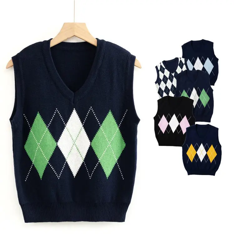 knitted High Quality Women Sweaters Plaid Color Contrast Knitted Waistcoat Vest Spring Sweaters Vest