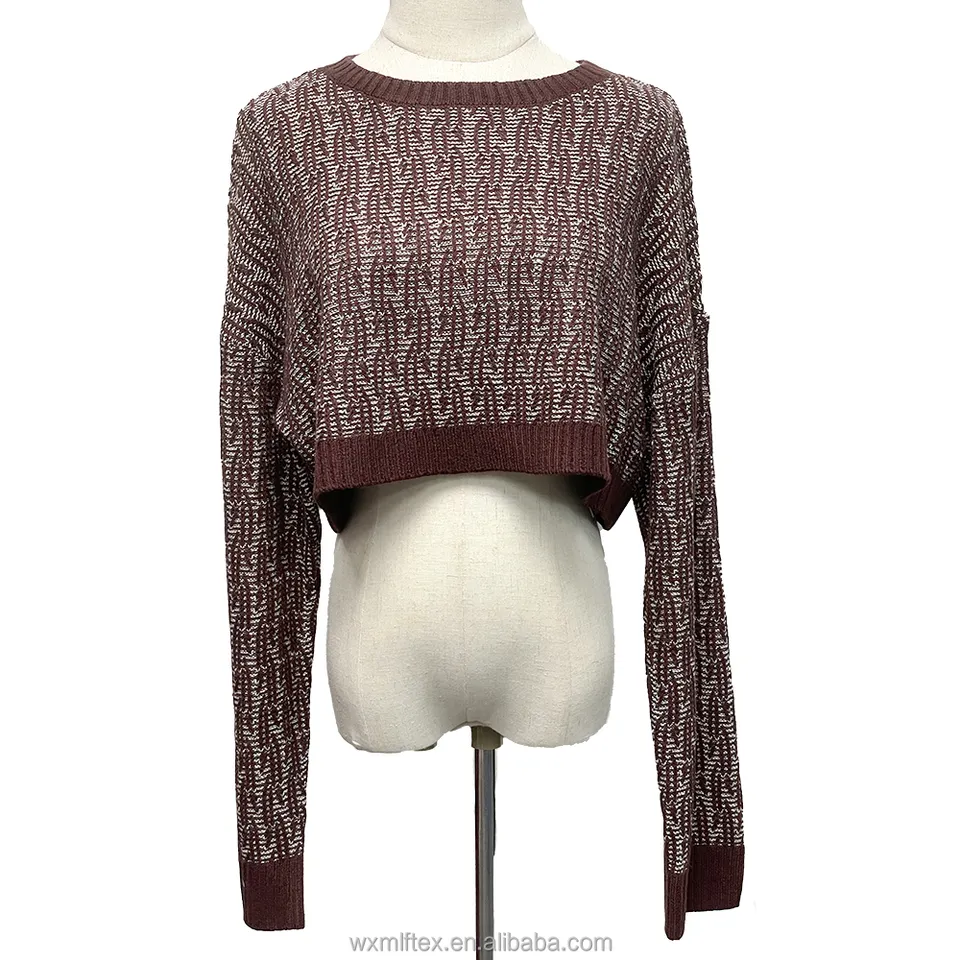 knitted 2022 custom logo oem & odm sweater jacquard knit Brown Color Long Sleeve Cropped Top Knit Sweater Jacquard Stitch Pullover