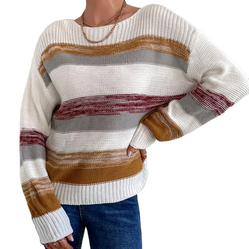 striped Autumn European Style Multi Color Patchwork Female Sweaters Fashion O-Neck Ladies Knitted Pullovers Women Knitting Tops