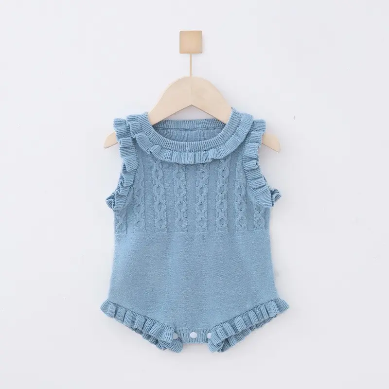 Solid Summer Infant Outfits Knitted Baby Girls Sweater Romper Sleeveless Ruffled Jumpsuit Bodysuit