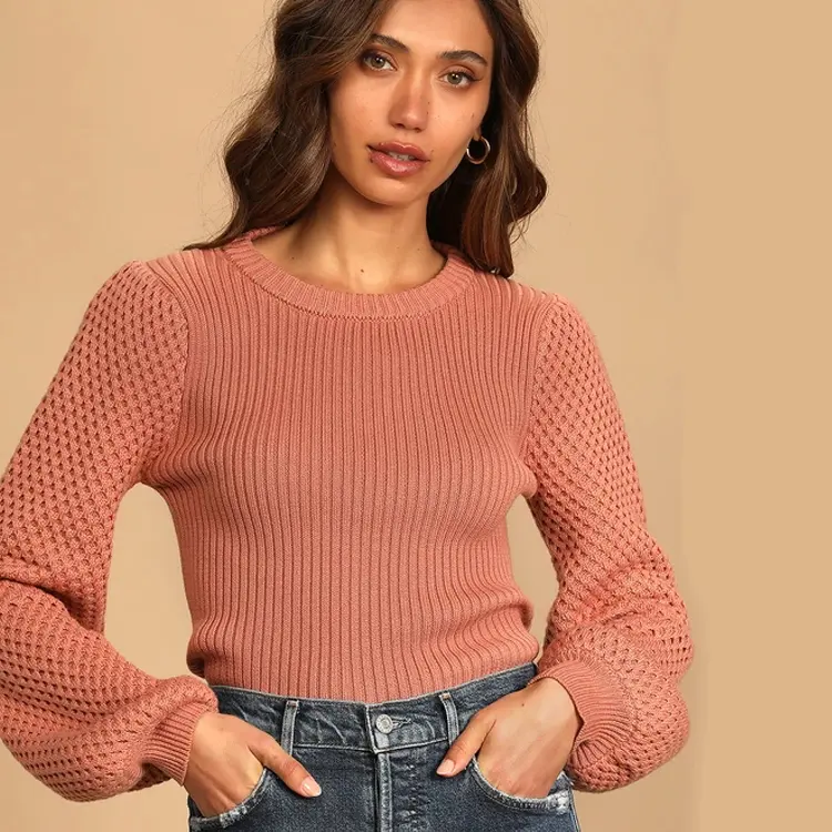 Plain Puff Sleeve Sweater Perempuan Knitted Pink Sweaters Mujer 2022 Tops Custom Women'S Pullover Sweater