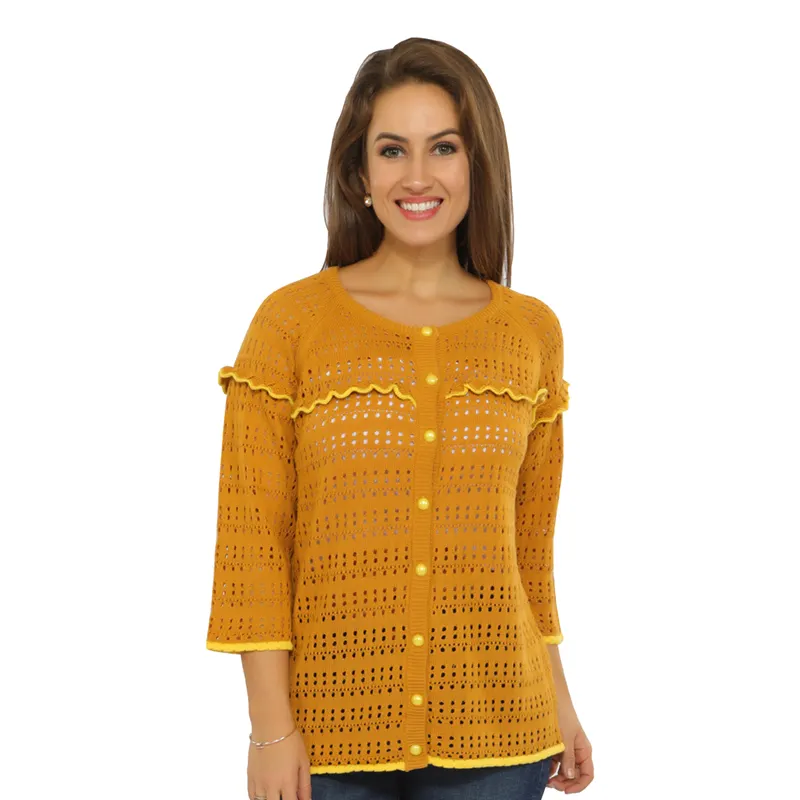 knitted 2020 spring and autumn hollow out new superior quality yellow crew neck middle long cardigan