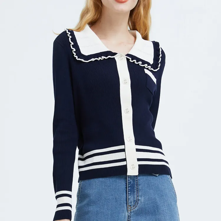 Hot selling OEM young girl cardigan sweater polo button preppy style long sleeve thin trim pullover spring knit sweater