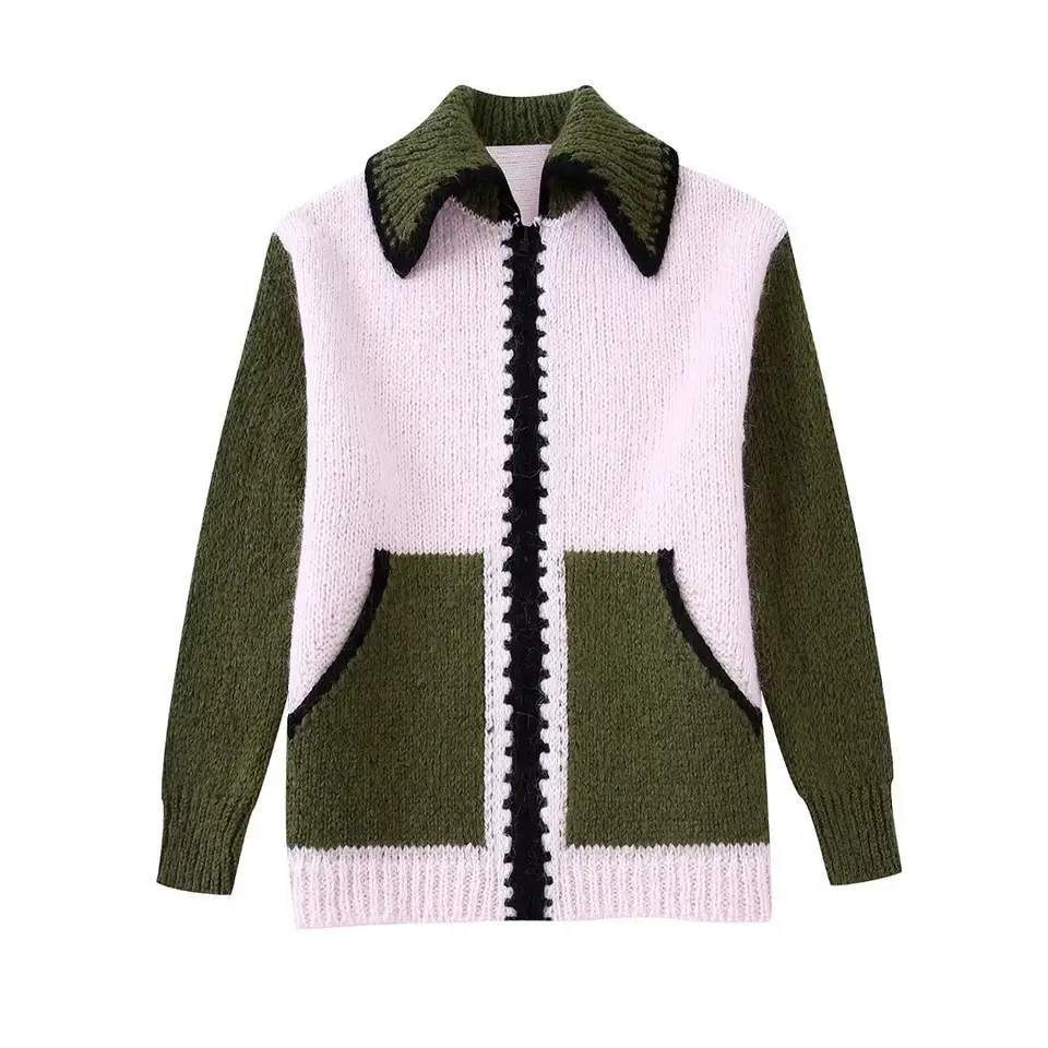 2023 Wholesale Women's Clothing Contrast Color Splicing Zipper Long Sleeve Sweater Knit Cardigan Women