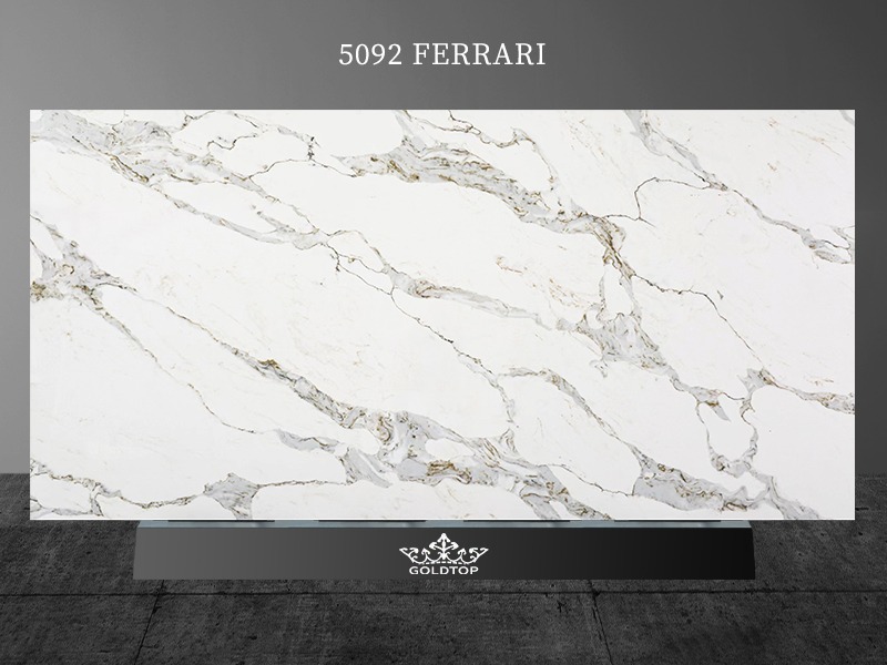 Calacatta Ferrari white quartz with grey and glod veins