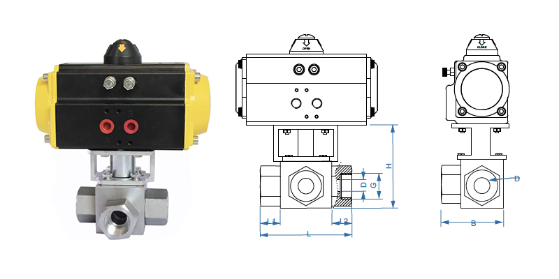 HK56 3 Way Pneumatic Ball Valve Main Outline and Structure