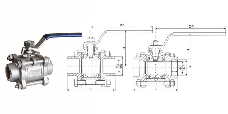 CF8 1000WOG 3PC Female Thread Ball Valve Main Outline 