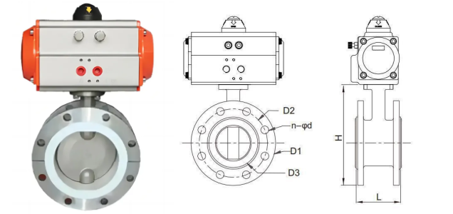 Pneumatic PTFE Flange Butterfly Valve Main Outline and Structure 