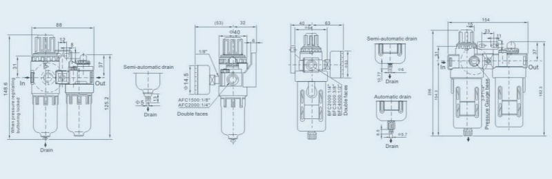 A/B Series Two-union F.R.L Air Filter Regulator Dimension 