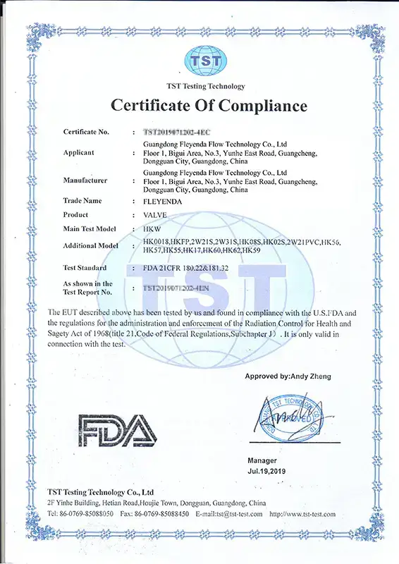 Válvula Fleyenda Certificado FDA