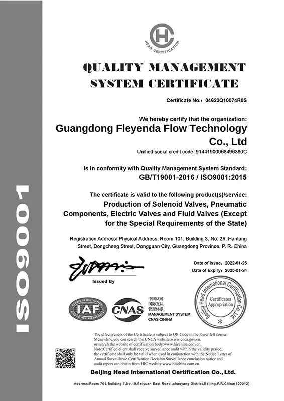 Fleyenda Valve ISO9001 Certificate