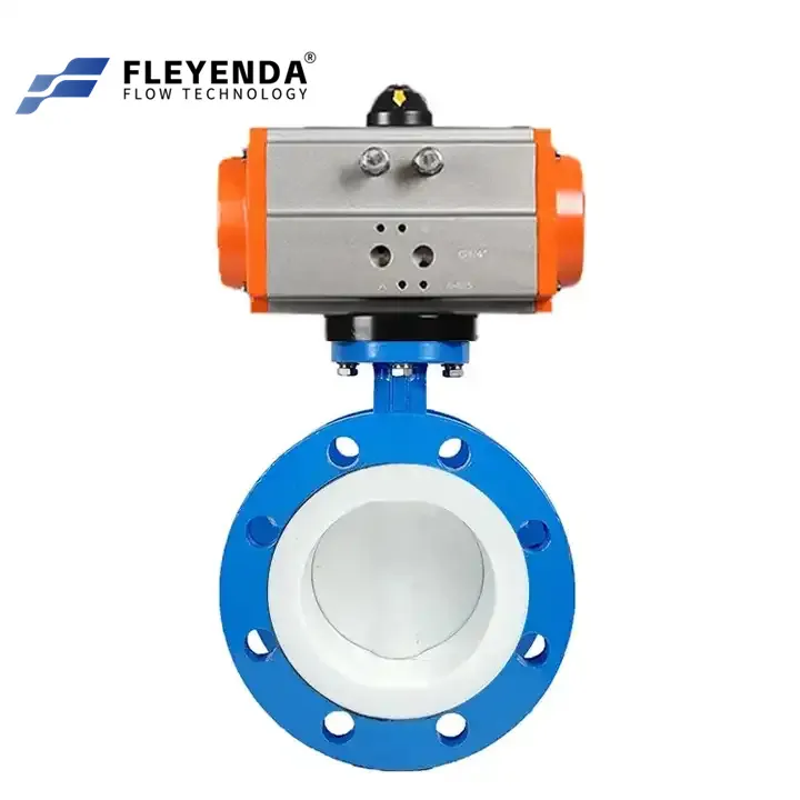 DN50 to DN500 PTFE Fluorine Flanged Pneumatic Butterfly Valve