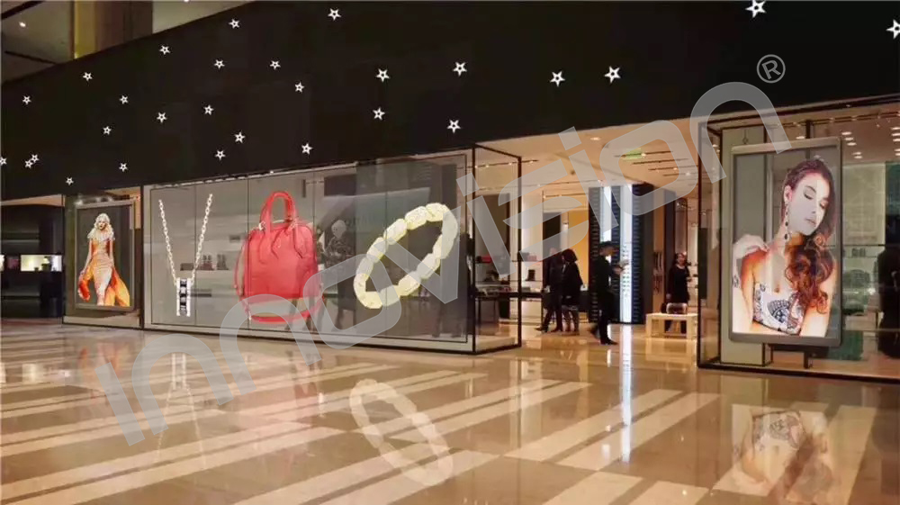 led transparent display film glass display in Luxury stores