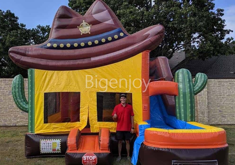 cowboy bounce hosue cowboy hat slide cactus jump WESTERN THEMED BOUNCE HOUSE WITH SLIDE