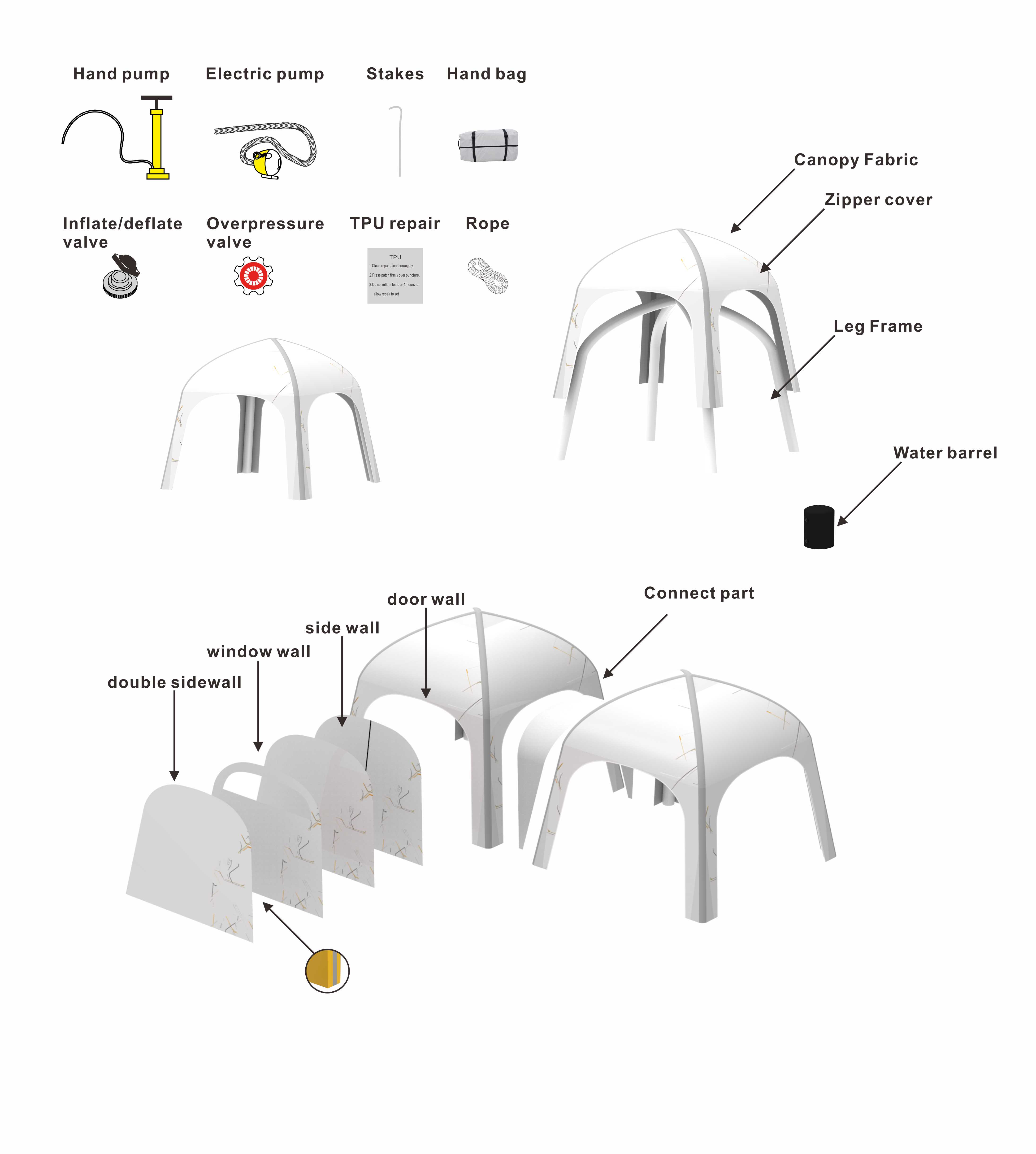 Exploded view of inflatable promotional tent